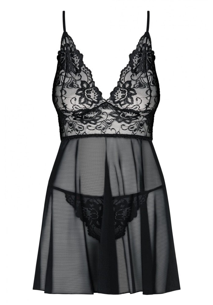 Csábító fekete tüll és virágmintás csipke szett S/M