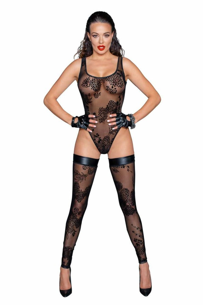 Tulle body with patterned flock embroidery - L