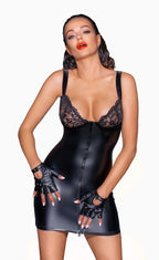 Powerwetlook mini-dress with lace chest and 2-way zipper - M