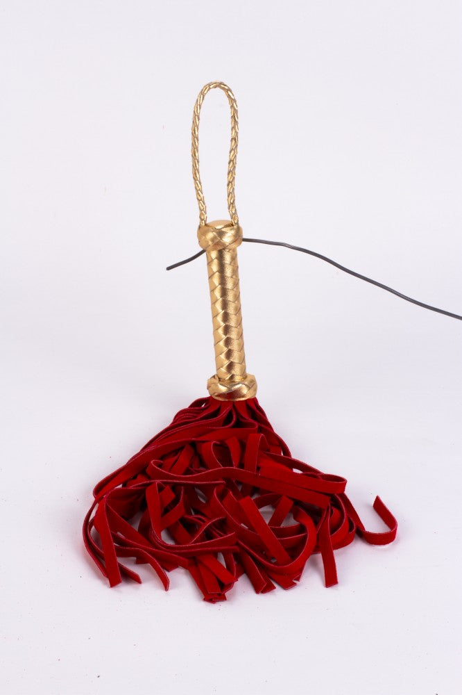Flogger with Metallic Leather Handle and Suede Leather Tails Red 18"