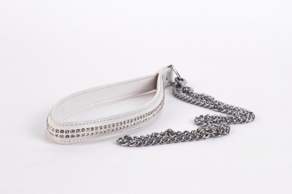 Lamb Leather Handle with 2 Rows of Small Rhinestones and Metal Chain White