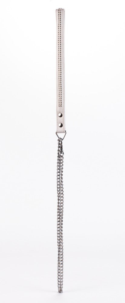 Lamb Leather Handle with 2 Rows of Small Rhinestones and Metal Chain White