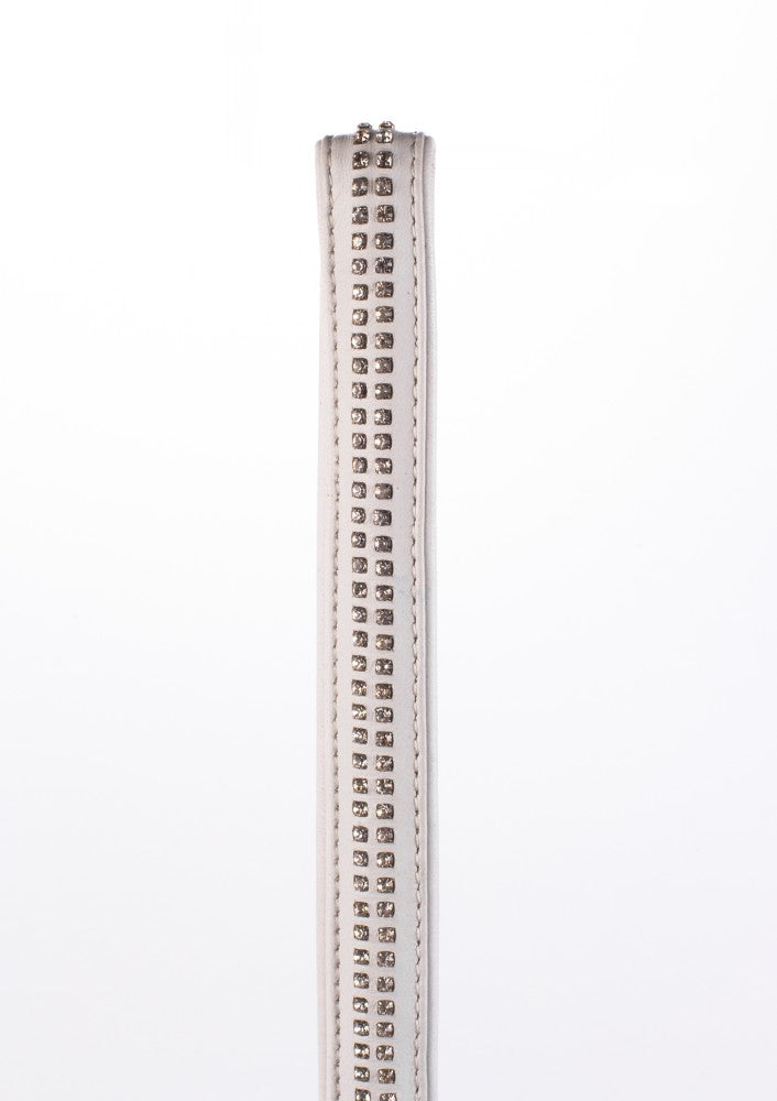 Lamb Leather Handle with 2 Rows of Small Rhinestones and Metal Chain White