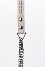 Lamb Leather Handle with 2 Rows of Small Rhinestones and Metal Chain White