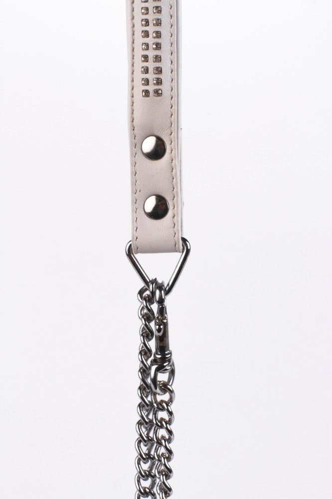Lamb Leather Handle with 2 Rows of Small Rhinestones and Metal Chain White
