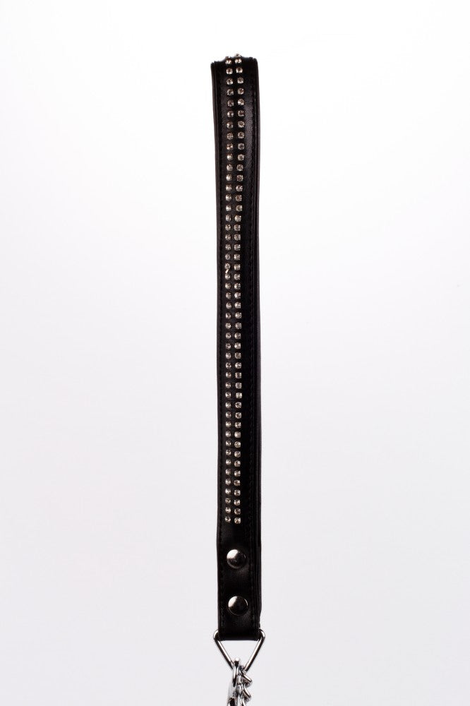 Lamb Leather Handle with 2 Rows of Small Rhinestones and Metal Chain Black