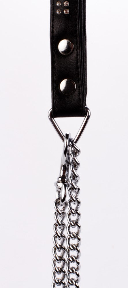 Lamb Leather Handle with 2 Rows of Small Rhinestones and Metal Chain Black