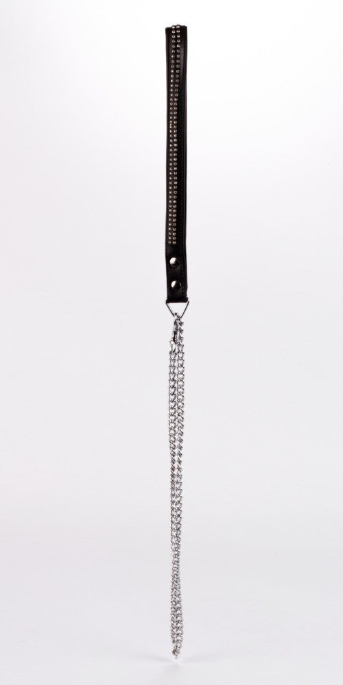 Lamb Leather Handle with 2 Rows of Small Rhinestones and Metal Chain Black