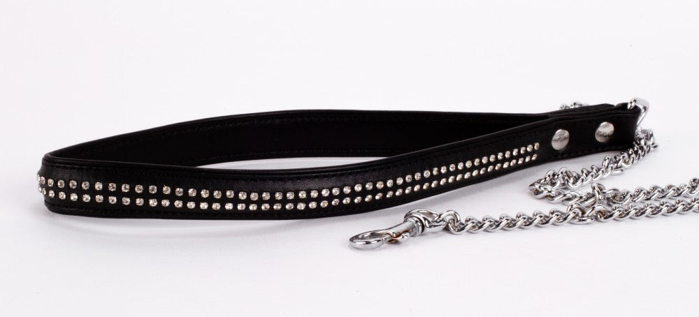 Lamb Leather Handle with 2 Rows of Small Rhinestones and Metal Chain Black